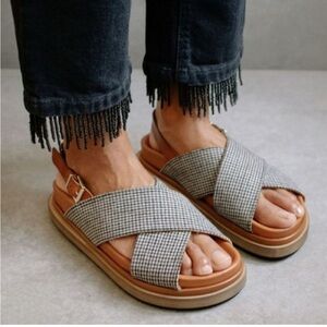 ALOHAS Tan Platform Sandals with Gray Houndstooth Cross Straps
